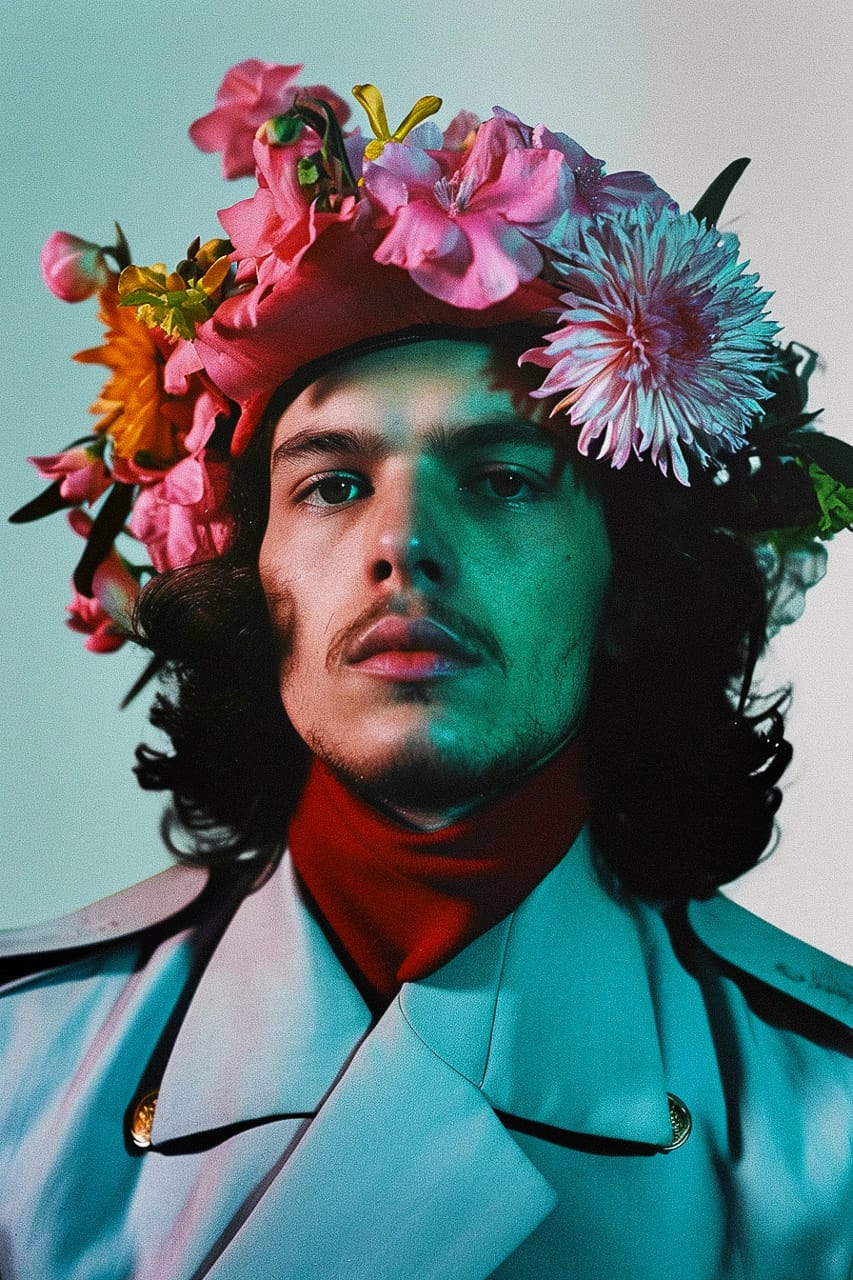 Flower-crowned man in the style of Miles Aldridge, saturated colors and teal-red lighting, Midjourney V6.0