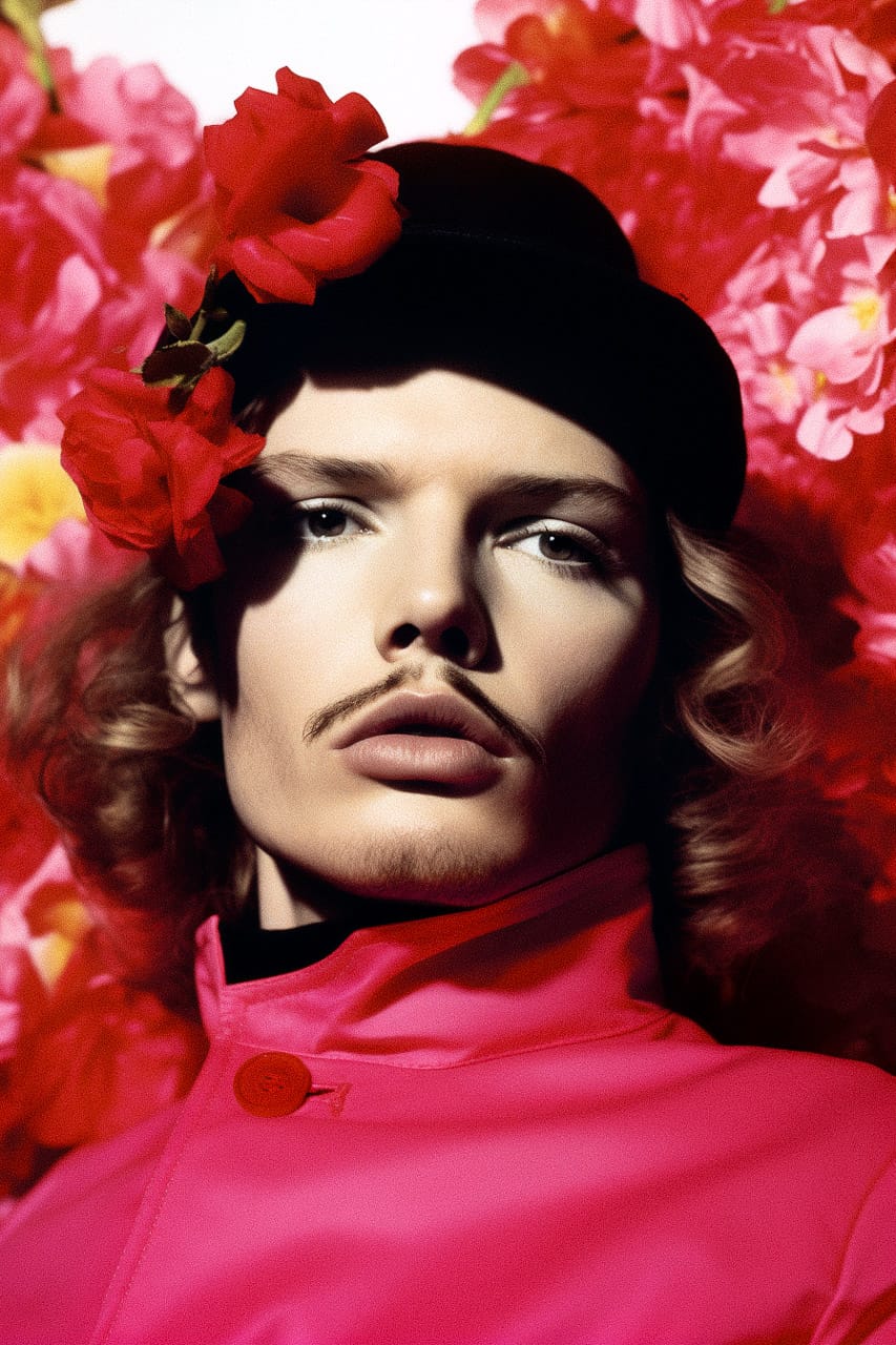 Androgynous person in a floral hat and pink coat, in the style of Miles Aldridge, Midjourney V5.2