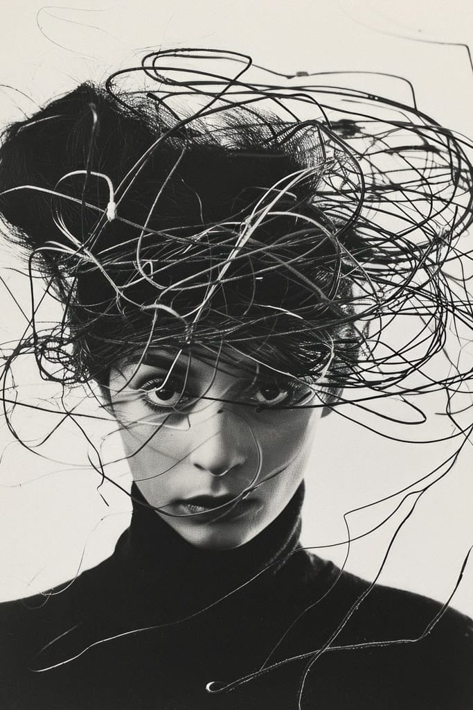 Girl with a whirlwind of threads around her head, in stark black-and-white photography, Midjourney V6.0