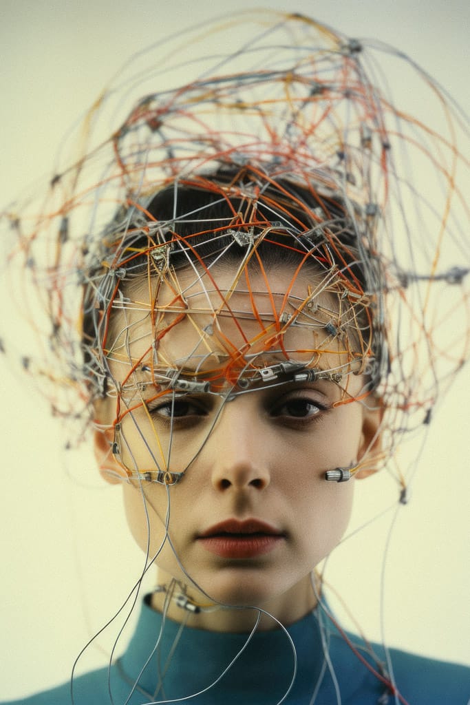 Woman with a wire-and-thread halo, softly lit in muted teal, cream, orange, and gray, Midjourney V5.2