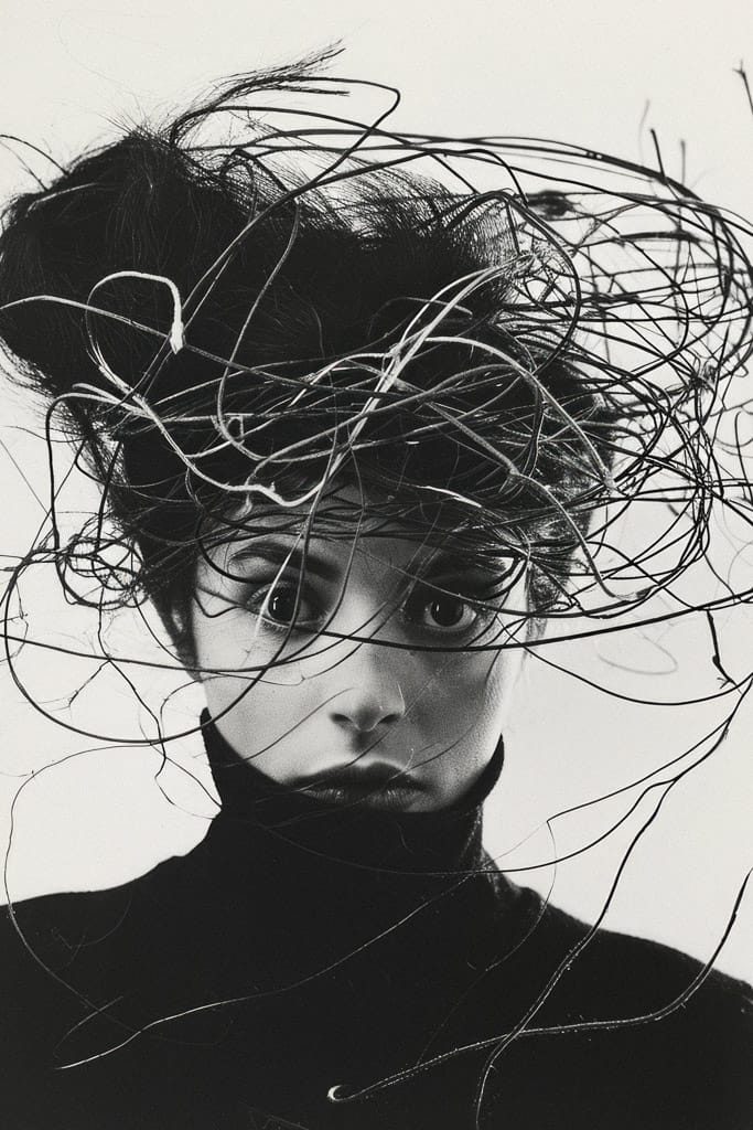 Girl with a whirlwind of threads and wires around her head, in stark black-and-white photography, Midjourney V6.0