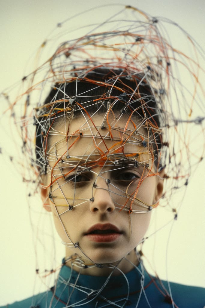 Girl surrounded by a whirlwind of threads and wires, in the style of Bert Stern, softly lit, Midjourney V5.2