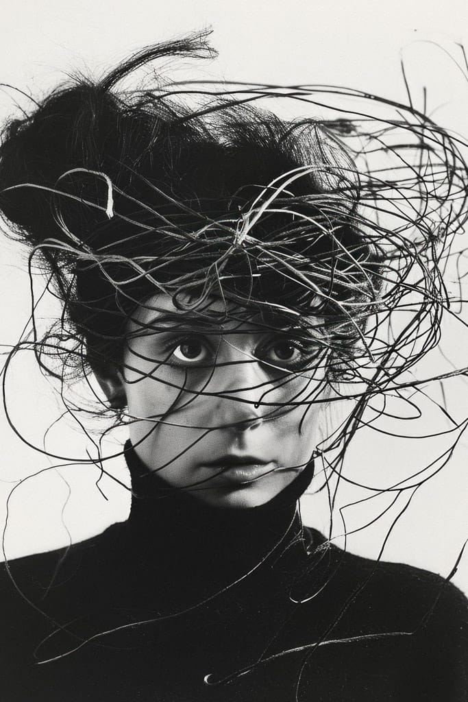 Girl with threads and wires swirling around her head, in the style of Bert Stern, Midjourney V6.0