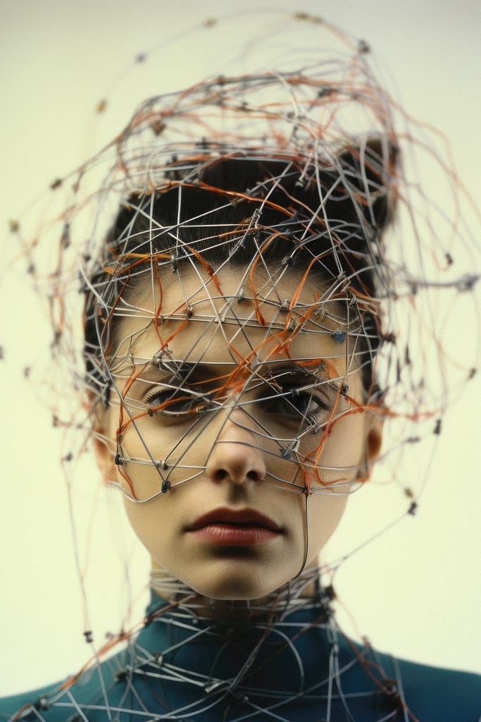 Girl with wires and threads swirling around her head, in the style of Bert Stern, Midjourney V5.2