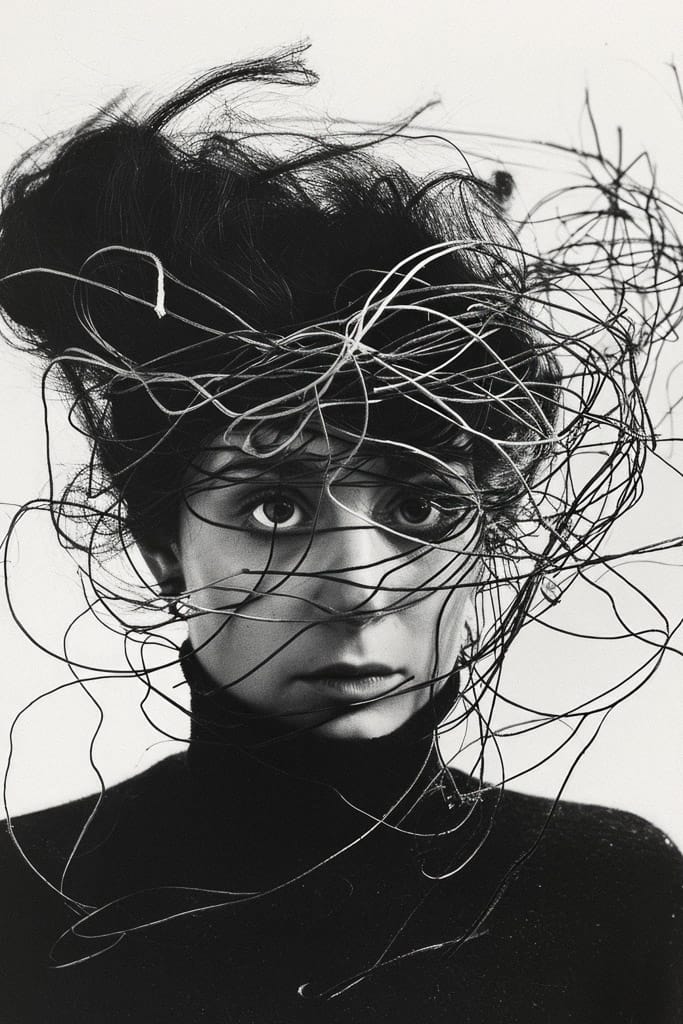 Girl with tangled threads and wires around her head, in stark black-and-white portrait photography, Midjourney V6.0