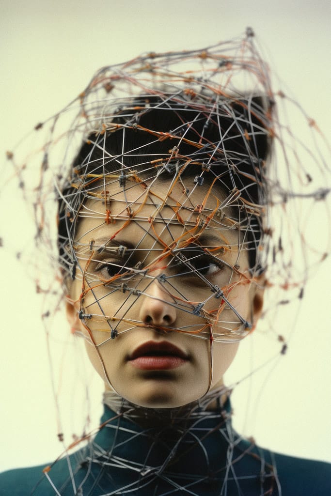 Girl with swirling wires and threads, softly lit in muted tones, in the style of Bert Stern, Midjourney V5.2