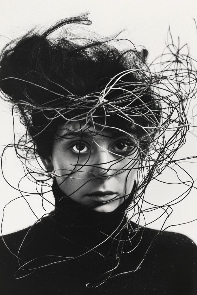 Girl with a whirlwind of threads and wires around her head, in stark black-and-white photography, Midjourney V6.0, figure 105