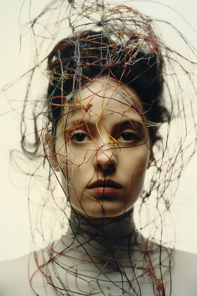 Woman with wires and threads swirling around her head, muted photographic portrait with soft light, Midjourney V5.2