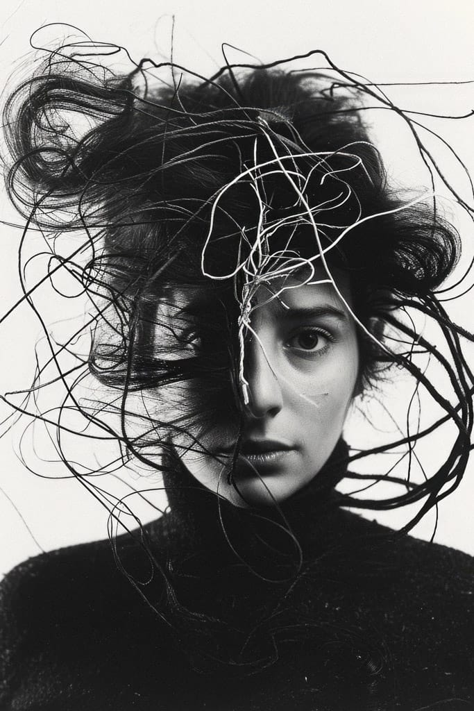 Girl with windswept hair and tangled wires, black-and-white portrait in the style of Bert Stern, Midjourney V6.0