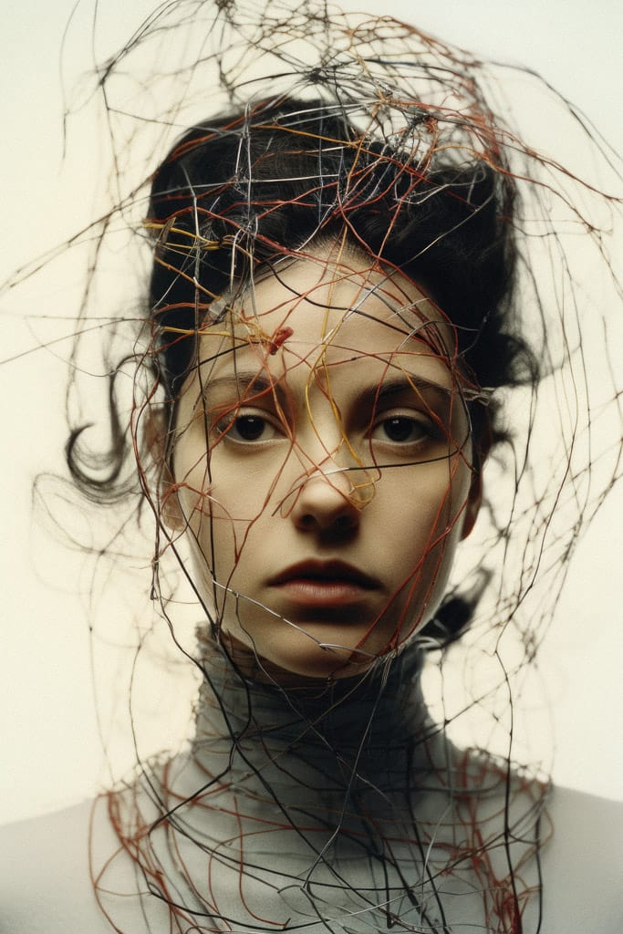 Girl with tangled threads and wires around her head, muted portrait in the style of Bert Stern, Midjourney V5.2