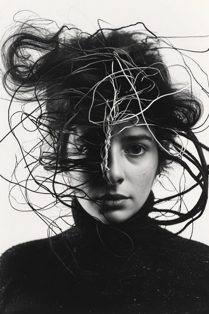 Woman with tangled threads and wires around her head, Midjourney V6.0