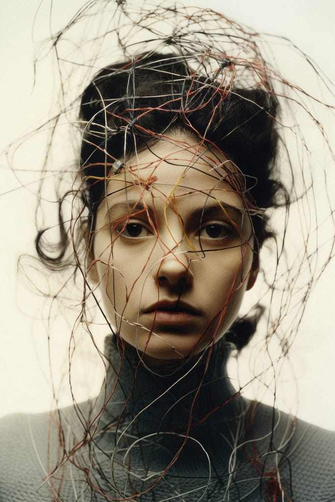 Girl surrounded by tangled threads and wires, muted vintage portrait photography in soft light, Midjourney V5.2