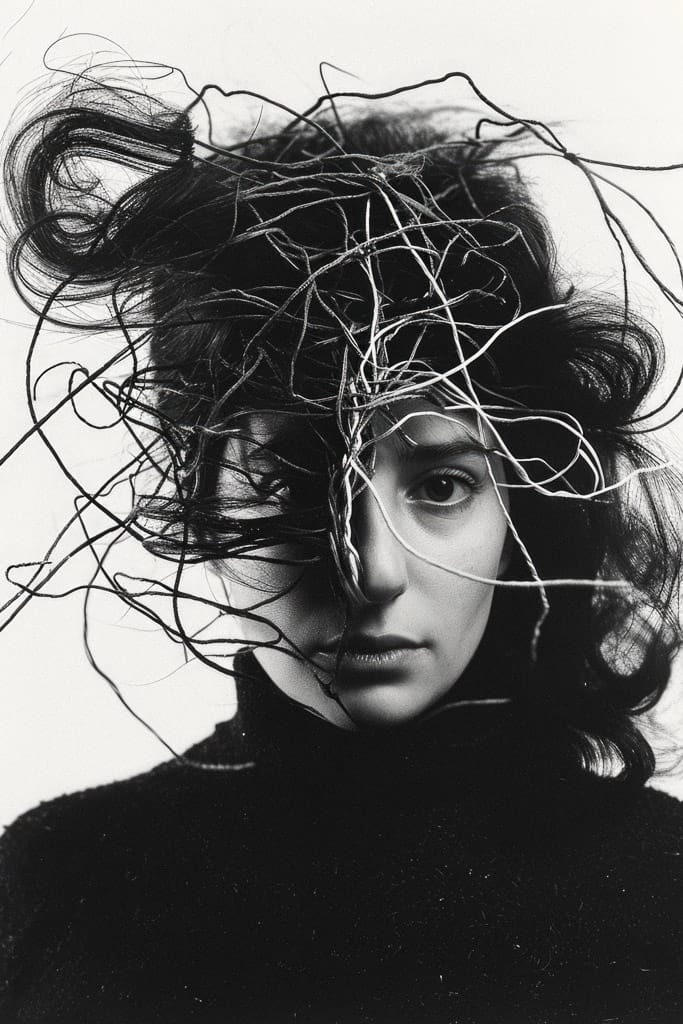 Girl with threads and wires around her head, Midjourney V6.0