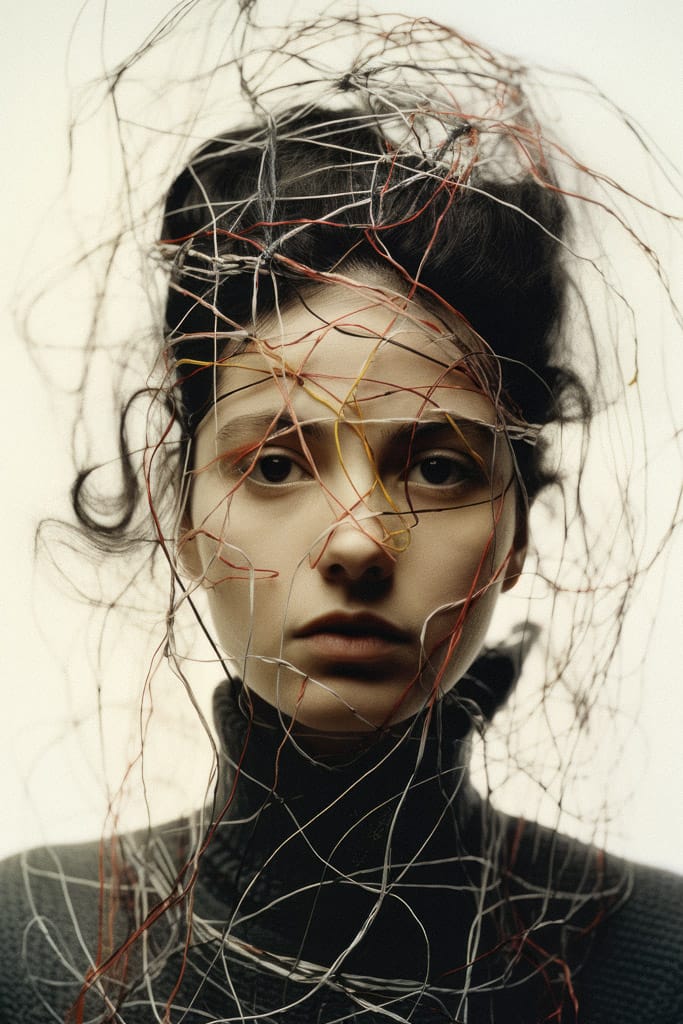 Girl surrounded by tangled threads and wires, muted portrait photography in the style of Bert Stern, Midjourney V5.2