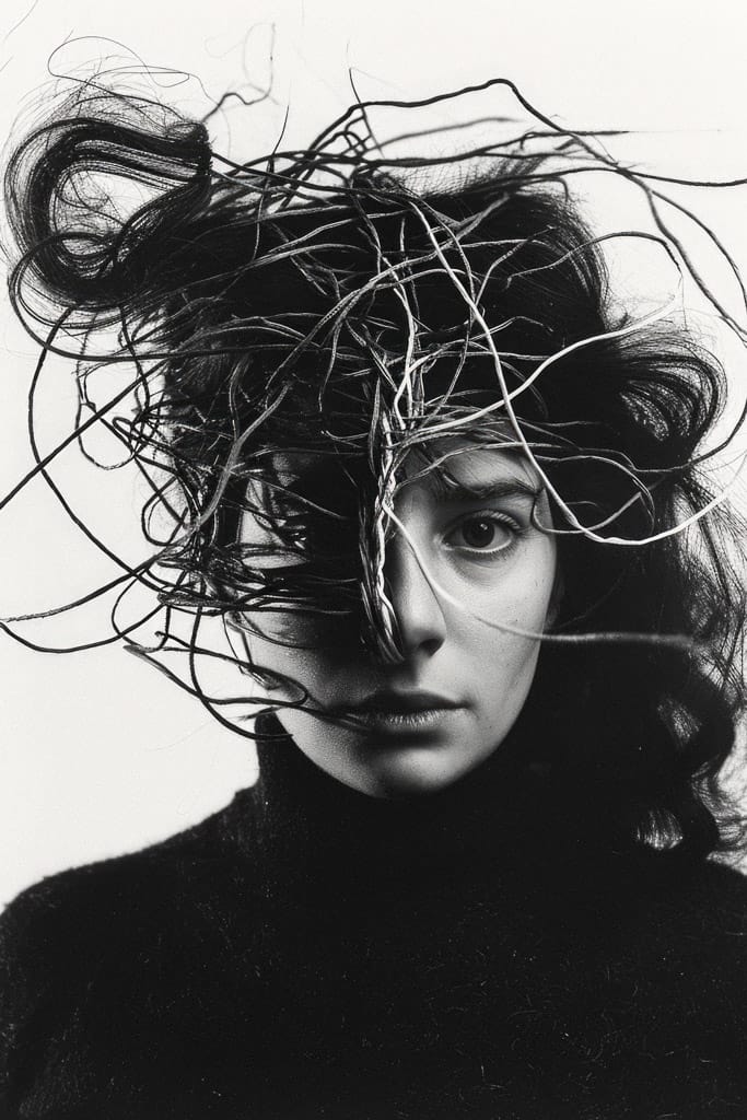 Woman with a whirlwind of threads and wires around her head, in stark black-and-white portrait style, Midjourney V6.0