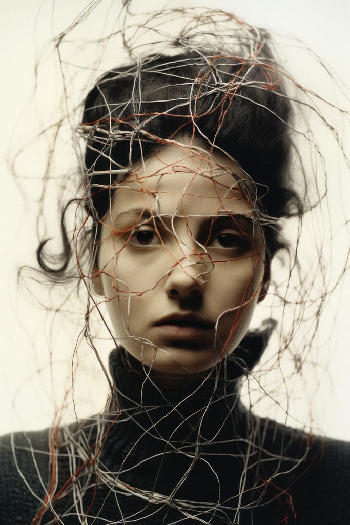Girl with tangled threads and wires around her head, in a muted photographic palette with soft light, Midjourney V5.2