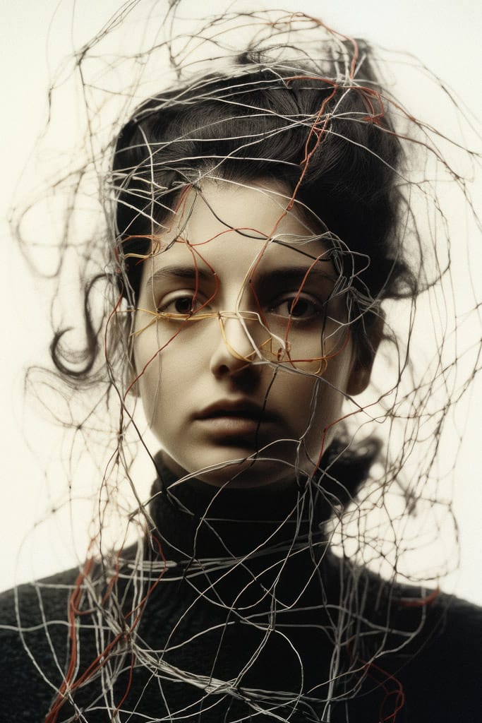 Girl surrounded by tangled threads and wires, in the style of Bert Stern, muted portrait lighting, Midjourney V5.2