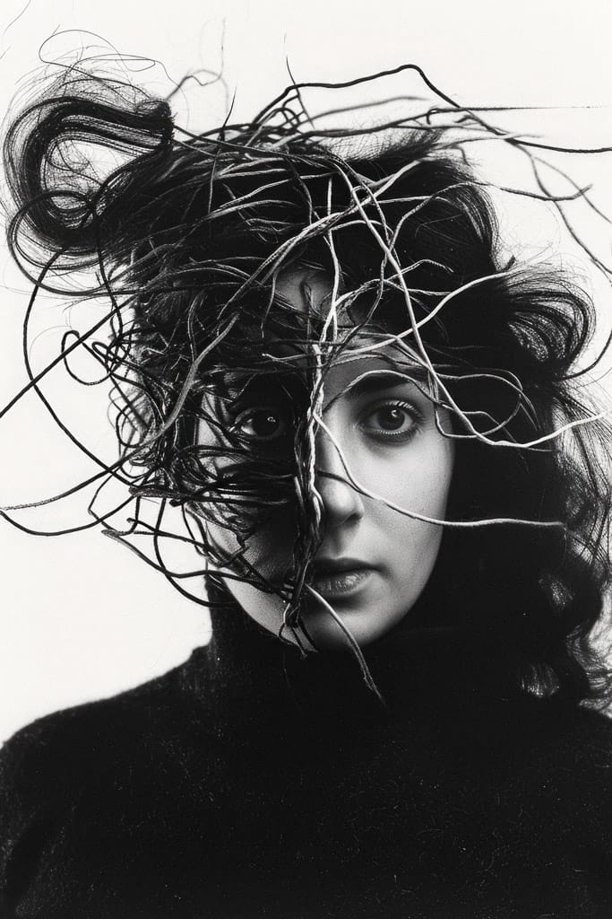 Woman with threads and wires around her head, Midjourney V6.0