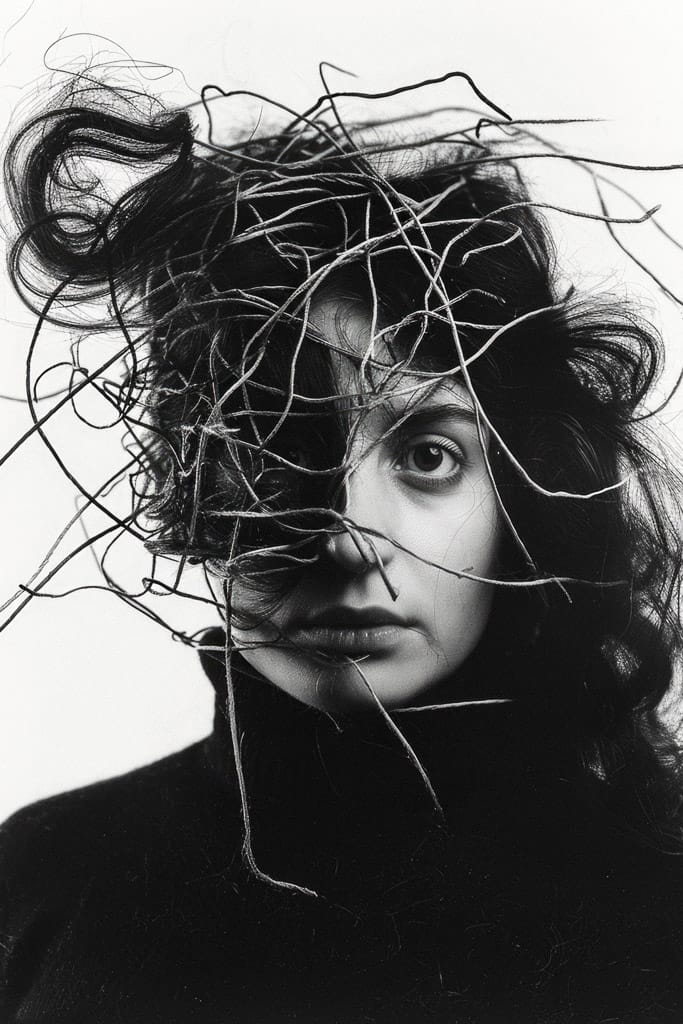 Girl with wires and threads around her head, black-and-white portrait in the style of Bert Stern, Midjourney V6.0