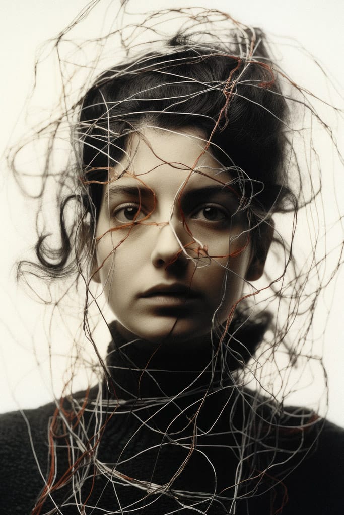 Girl tangled in threads and wires, stark monochrome portrait lighting, in the style of Bert Stern, Midjourney V5.2