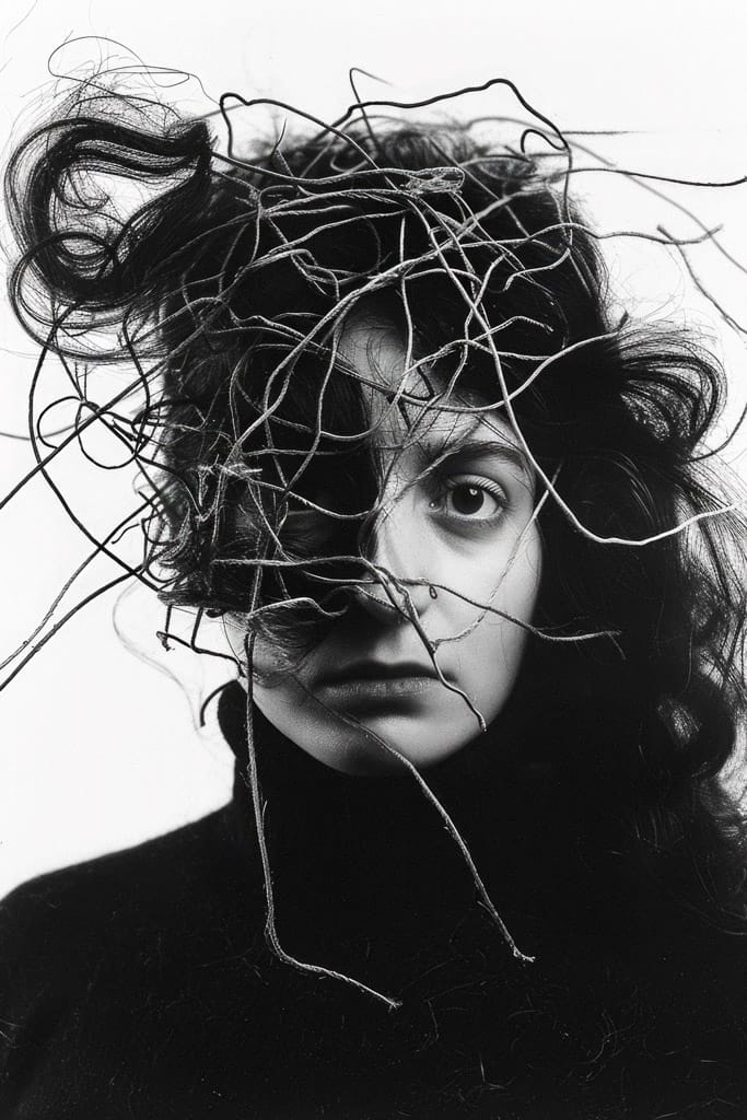 Girl with tangled threads around her head, stark black-and-white portrait in the style of Bert Stern, Midjourney V6.0