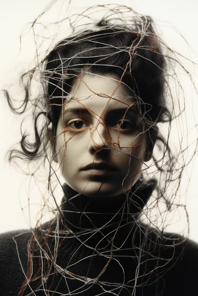 Woman surrounded by tangled threads and wires, stark portrait with dramatic light, Midjourney V5.2