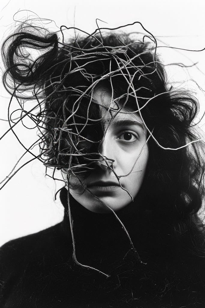 Girl with wires and threads around her head, Midjourney V6.0