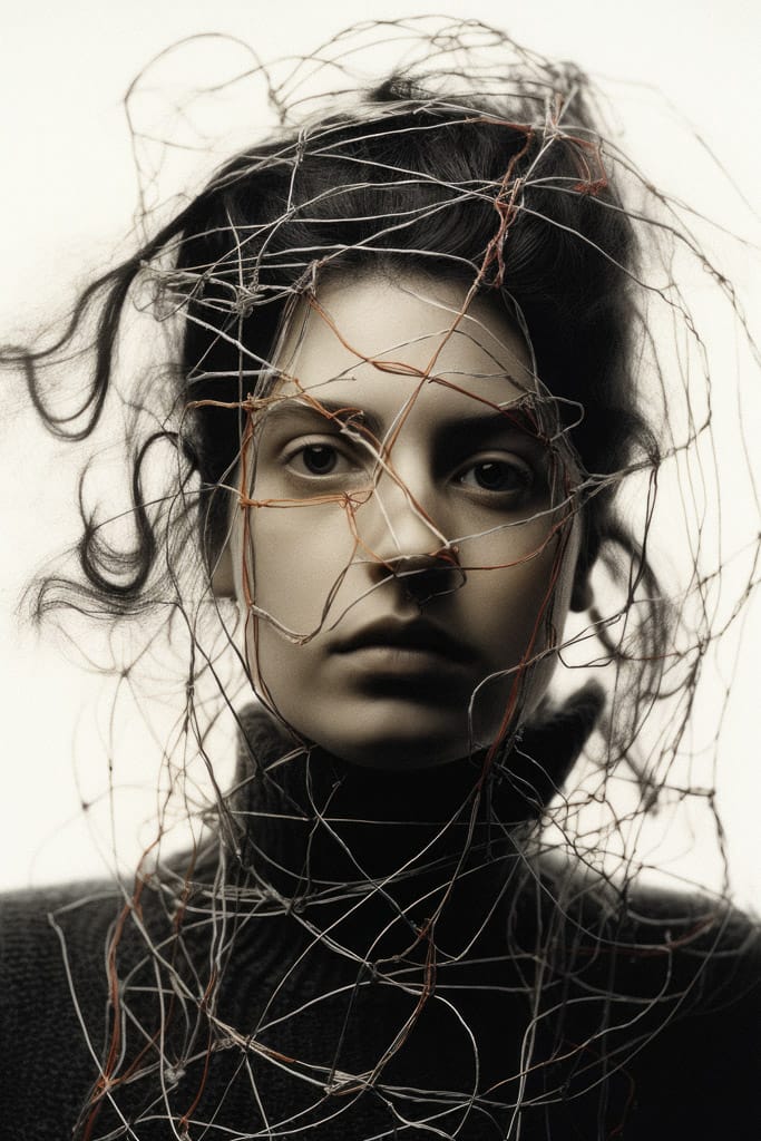 Girl with threads and wires around her head, in the style of Bert Stern, muted monochrome lighting, Midjourney V5.2