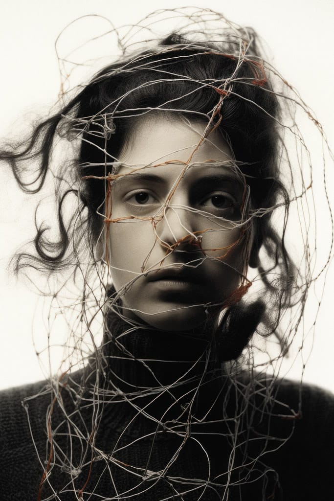 Girl with threads and wires around her head, in the style of Bert Stern, monochrome portrait, Midjourney V5.2