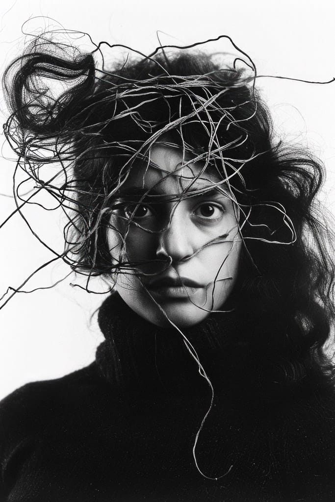 Girl with tangled threads around her head, Midjourney V6.0