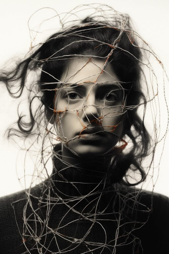 Girl surrounded by a whirlwind of threads and wires, in stark black-and-white portrait photography, Midjourney V5.2