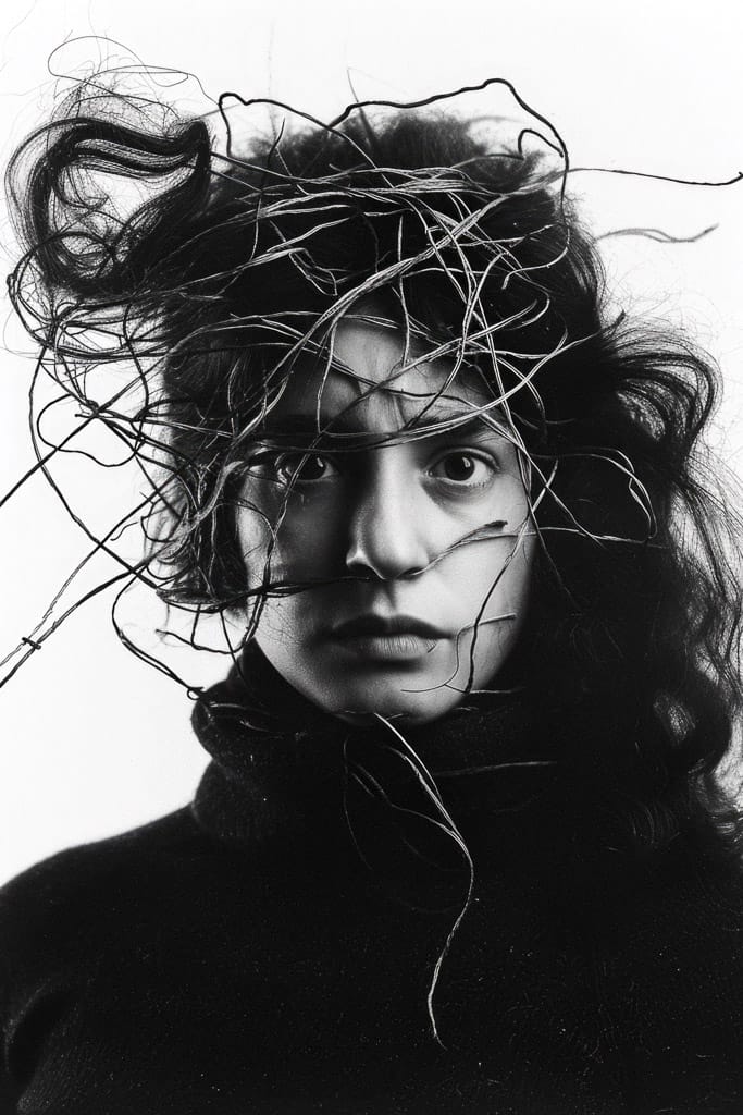 Girl with threads and wires swirling around her head, in stark black-and-white portrait photography, Midjourney V6.0