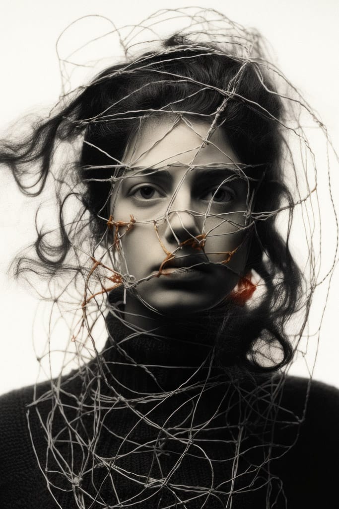 Girl encircled by swirling threads and wires, in a stark monochrome portrait with soft light, Midjourney V5.2