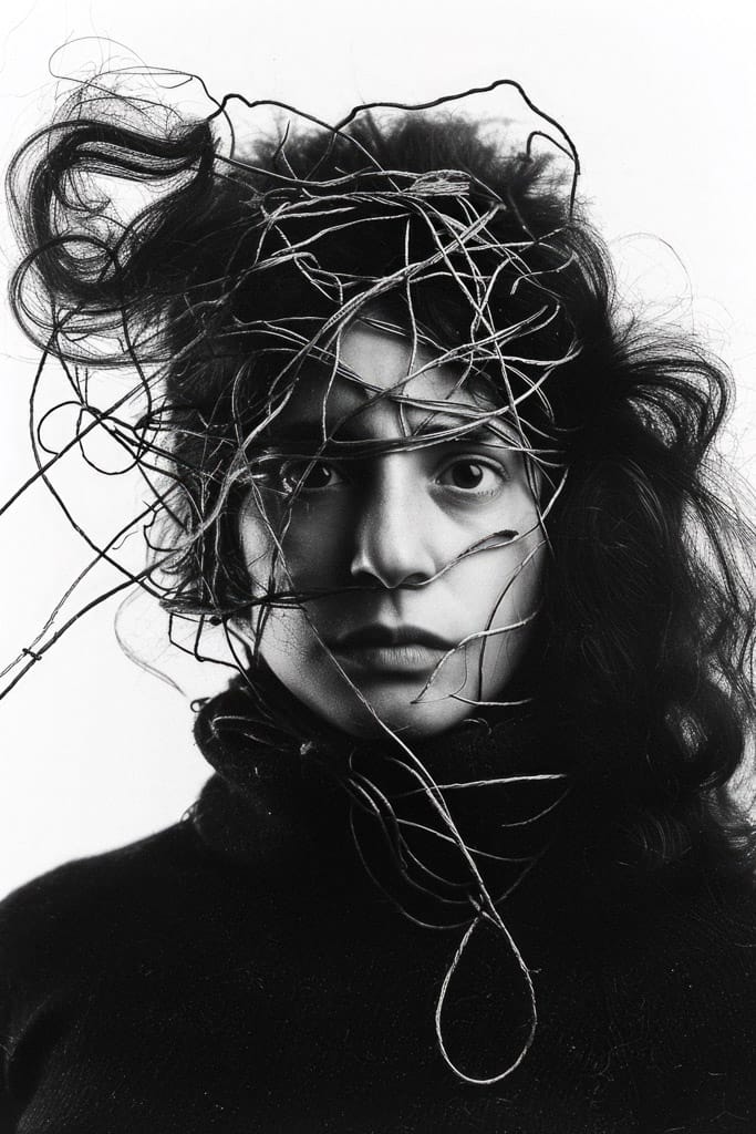 Girl with threads and wires swirling around her head, in stark black-and-white portrait photography, Midjourney V6.0, figure 131