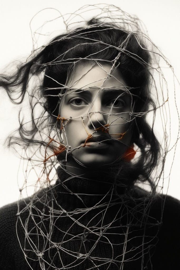 Woman with wires and threads around her head, in stark black-and-white portrait photography, Midjourney V5.2
