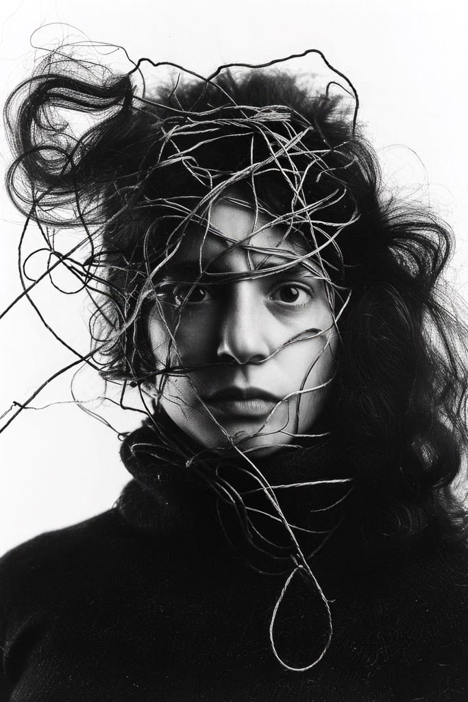 Girl with tangled wires around her head in stark black-and-white portrait photography, Midjourney V6.0