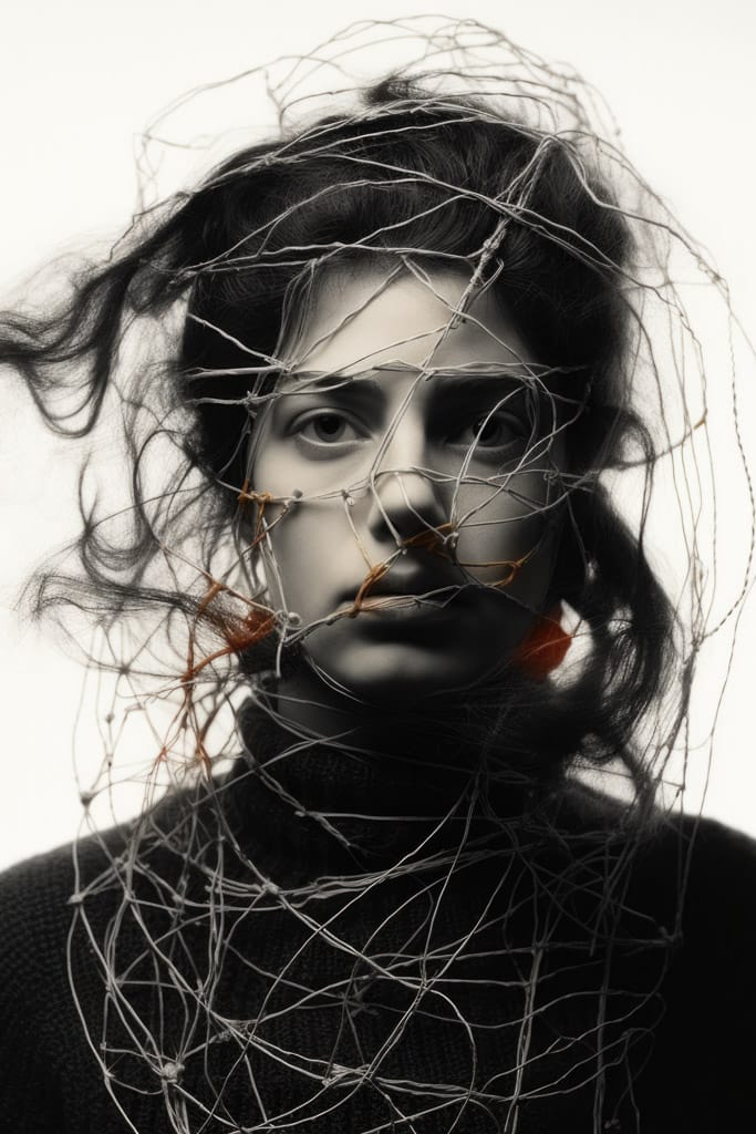 Girl surrounded by tangled threads and wires, monochrome studio portrait in the style of Bert Stern, Midjourney V5.2