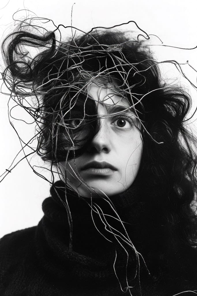 Girl with tangled threads and wires around her head, in stark black-and-white portrait photography, Midjourney V6.0, figure 135
