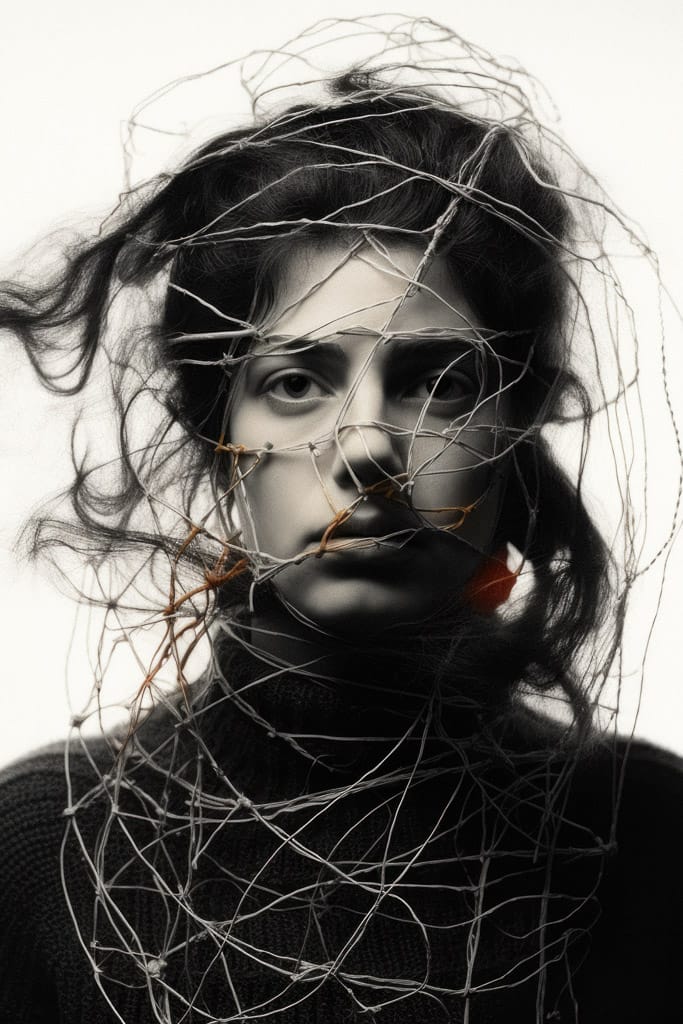 Girl with wires and threads swirling around her head, in stark black-and-white portrait style, Midjourney V5.2