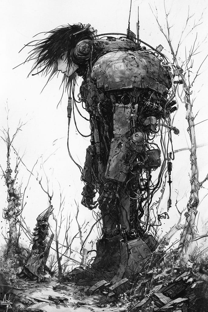 Tall humanoid machine in a barren forest, black-and-white ink in the style of Tsutomu Nihei, Midjourney V6.0