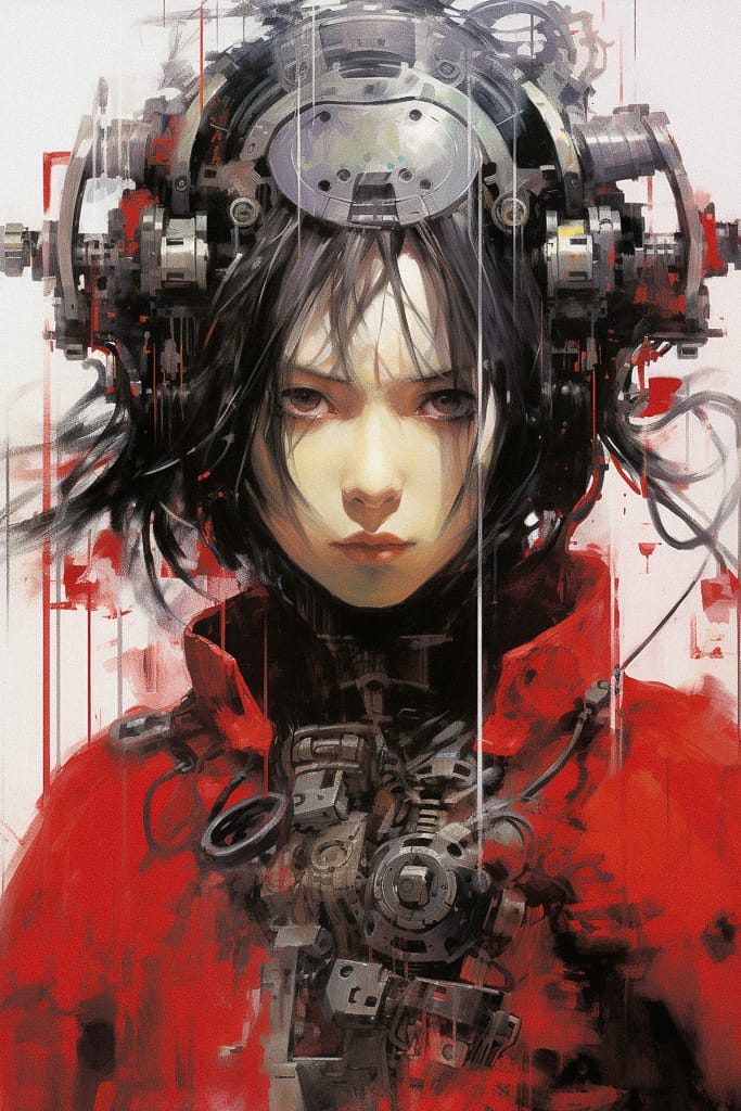 Cybernetic woman in the style of Tsutomu Nihei, painterly with red, black and white tones, Midjourney V5.2