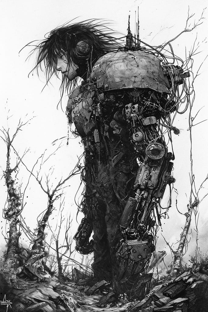 Cybernetic humanoid amid barren trees, in the style of Tsutomu Nihei, monochrome ink illustration, Midjourney V6.0