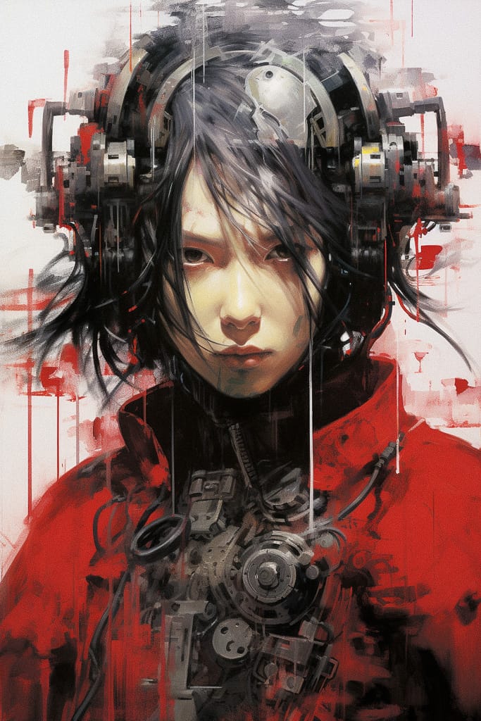 Cybernetic woman in the style of Tsutomu Nihei, painterly grayscale and red industrial palette, Midjourney V5.2