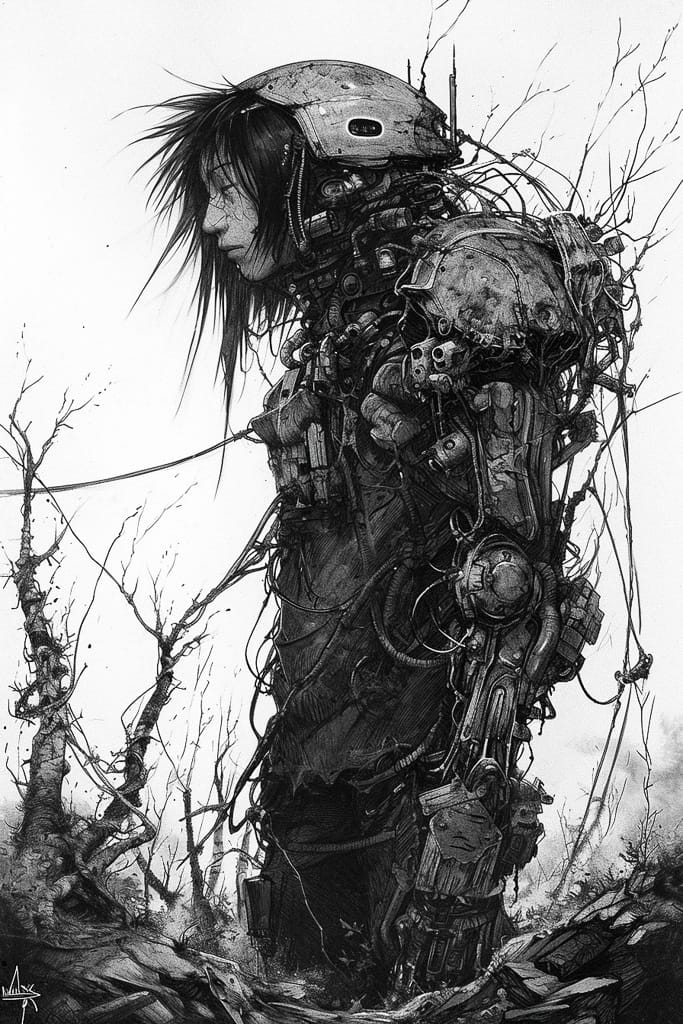 Cybernetic figure in a barren forest, black-and-white ink illustration in the style of Tsutomu Nihei, Midjourney V6.0