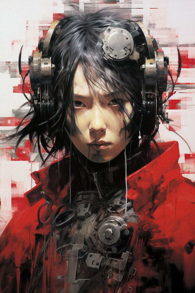 Cybernetic woman in a red coat, in the style of Tsutomu Nihei, painterly with red and gray tones, Midjourney V5.2