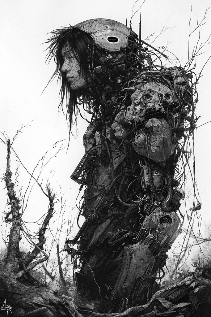 Armored cyborg figure in the style of Tsutomu Nihei, intricate black-and-white ink drawing, Midjourney V6.0
