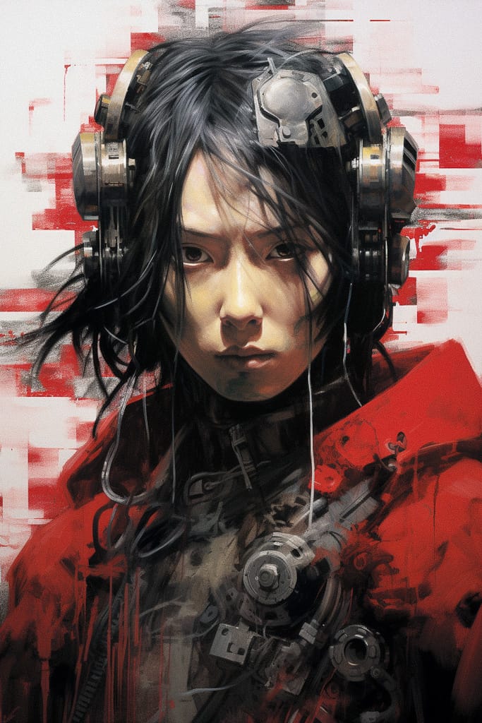 Cybernetic woman in headphones and armor, in the style of Tsutomu Nihei, red-black digital painting, Midjourney V5.2