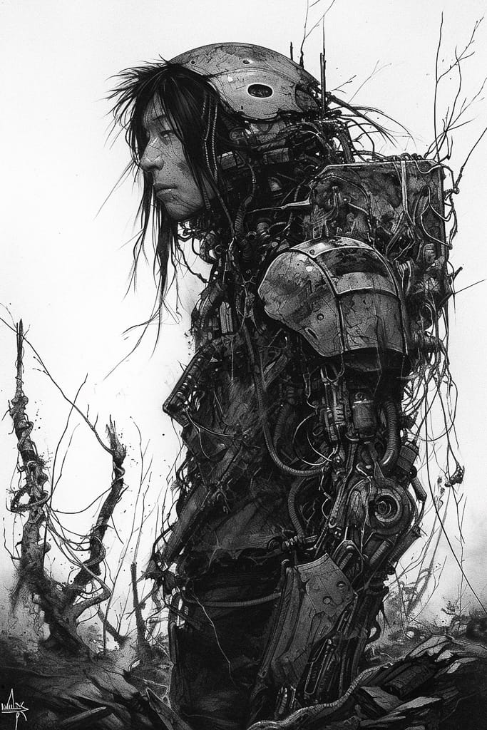Cybernetic warrior in the style of Tsutomu Nihei, intricate monochrome ink drawing with stark light, Midjourney V6.0