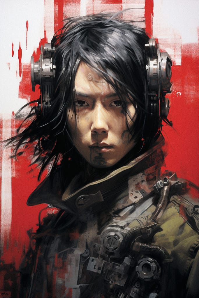 Dark-haired cybernetic soldier in the style of Tsutomu Nihei, Midjourney V5.2