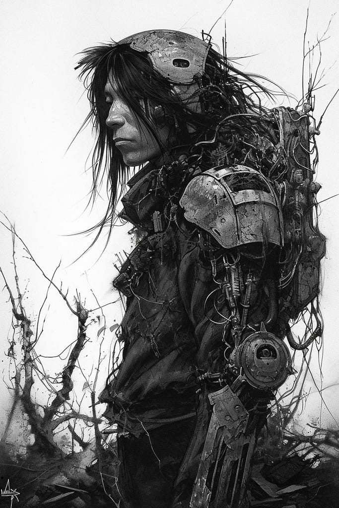 Cyborg warrior in tangled armor, monochrome ink illustration in the style of Tsutomu Nihei, Midjourney V6.0